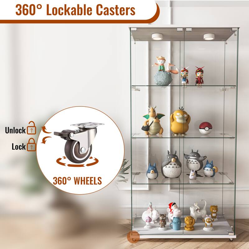 Modern 2-Door Glass Display Cabinet with LED Lights, 4-Shelf Tempered Glass Showcase for Collectibles and Storage