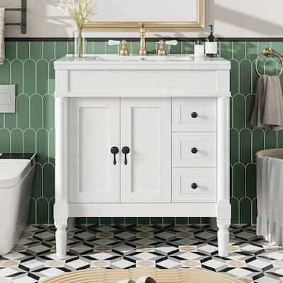 Solid Wood Frame Bathroom Vanity with Ceramic Sink