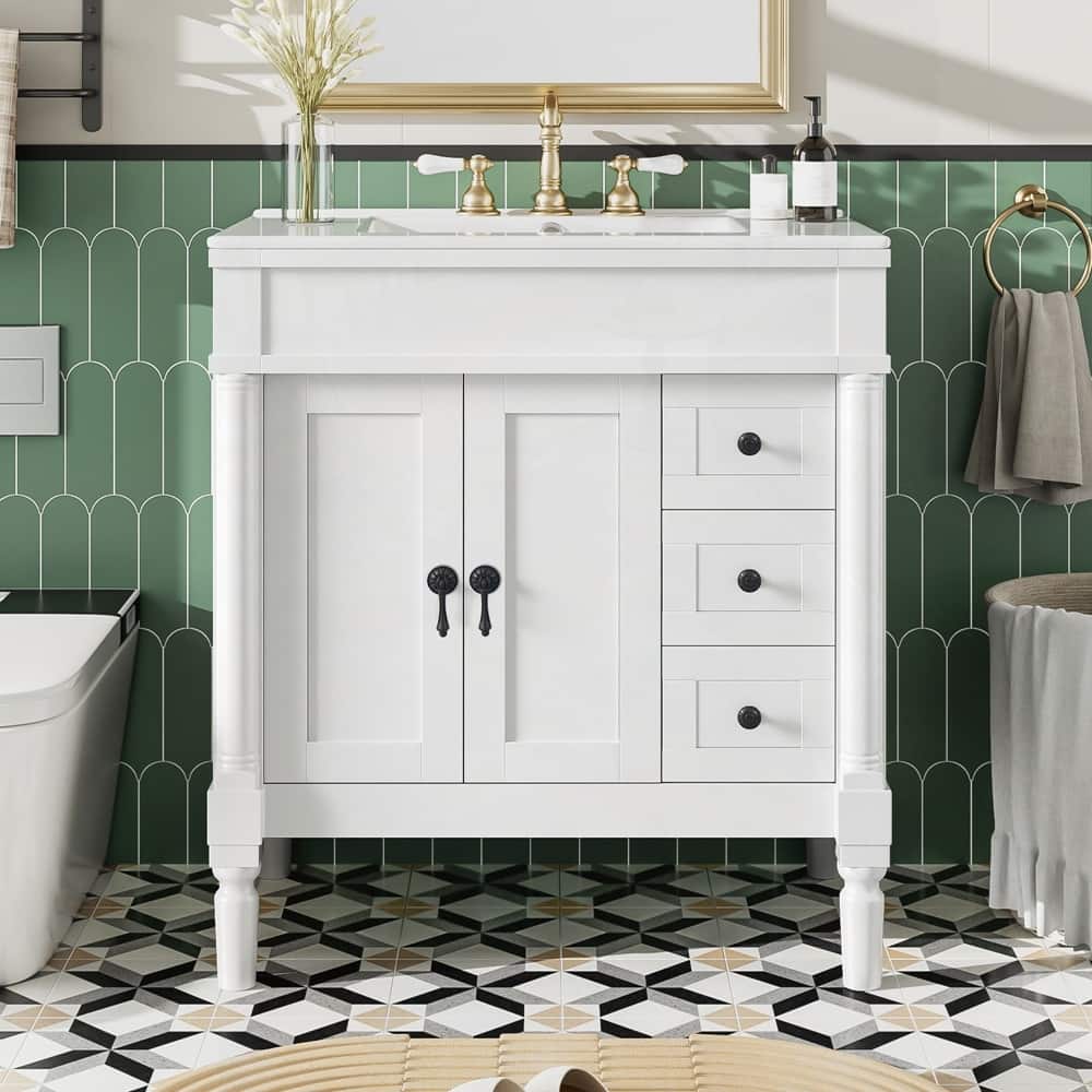 Solid Wood Frame Bathroom Vanity with Ceramic Sink