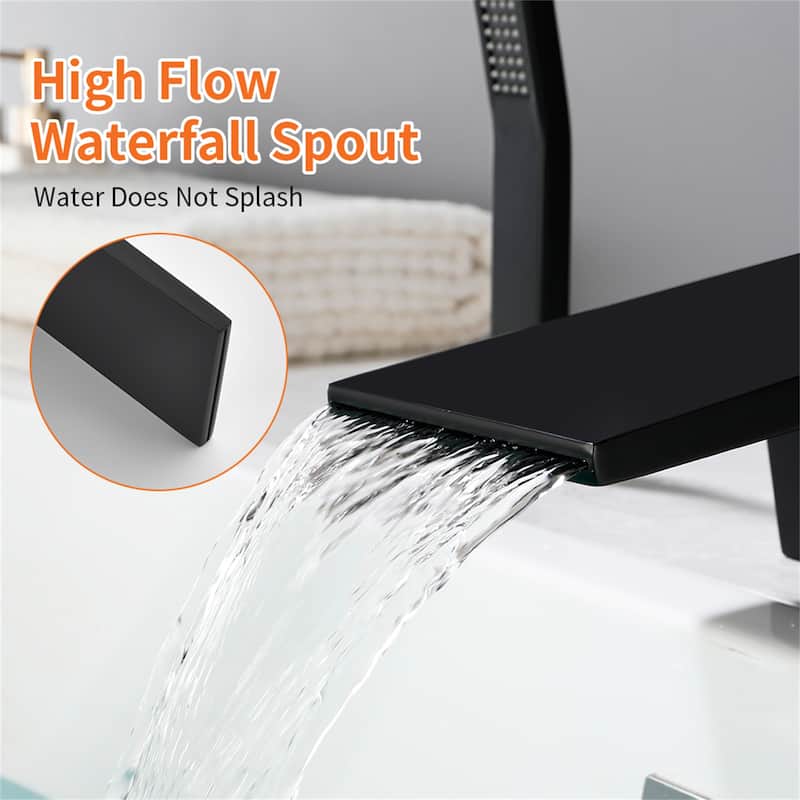 Waterfall Deck Mount Tub Faucet with Hand Shower Brass 3 Holes Modern Matte Black Tub Filler with Valve
