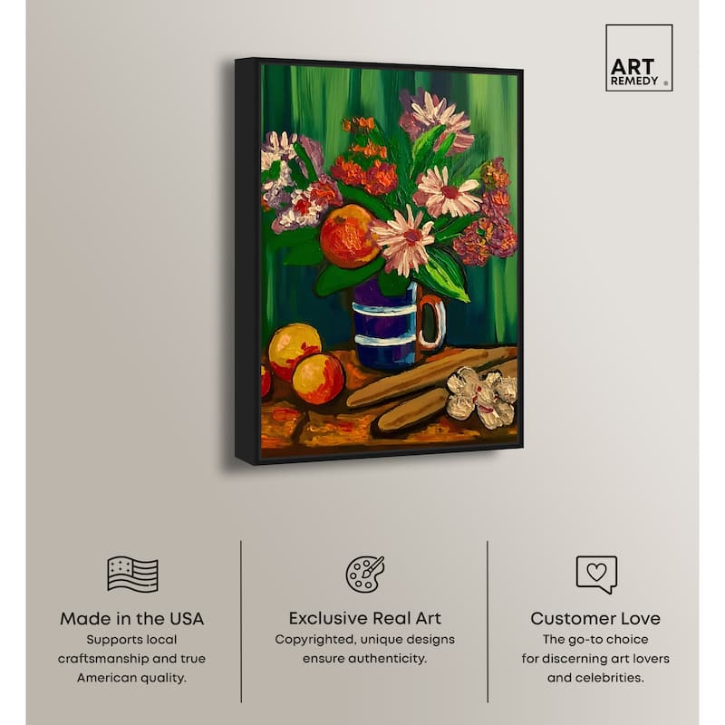 Art Remedy Floral Vase And Fruits Framed Flowers In Vase Paintings