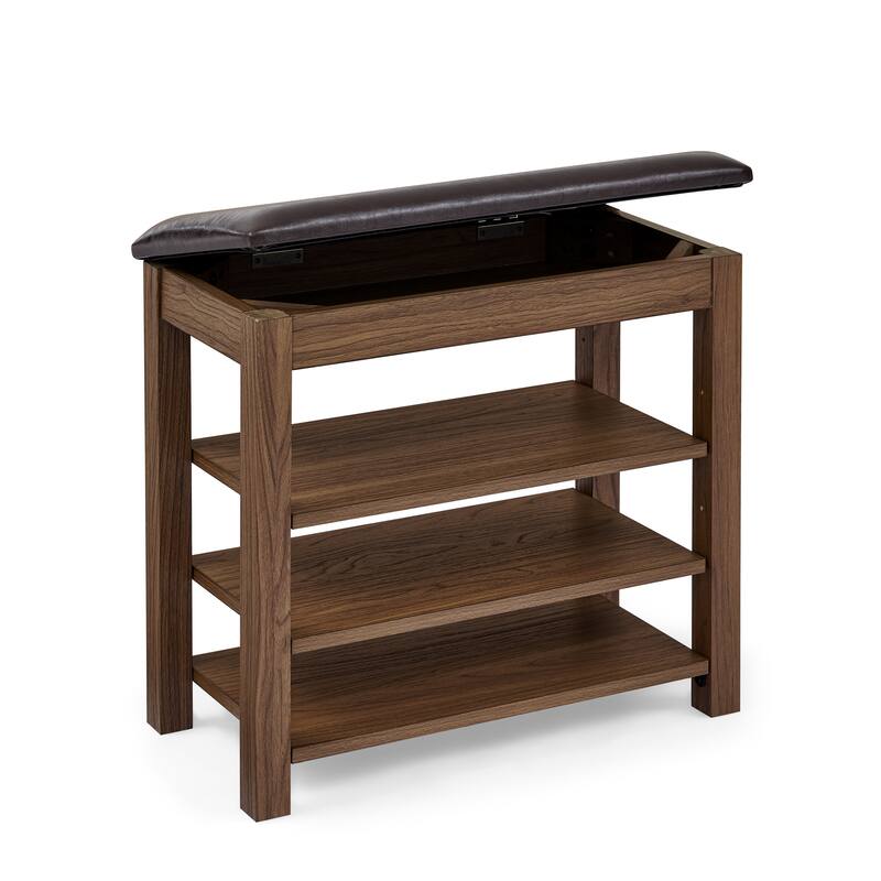 Roomfitters Height Adjustable Wooden Shoe Bench with Cushion Seat and Concealed Storage Compartment, Charcoal Grain, Vintage