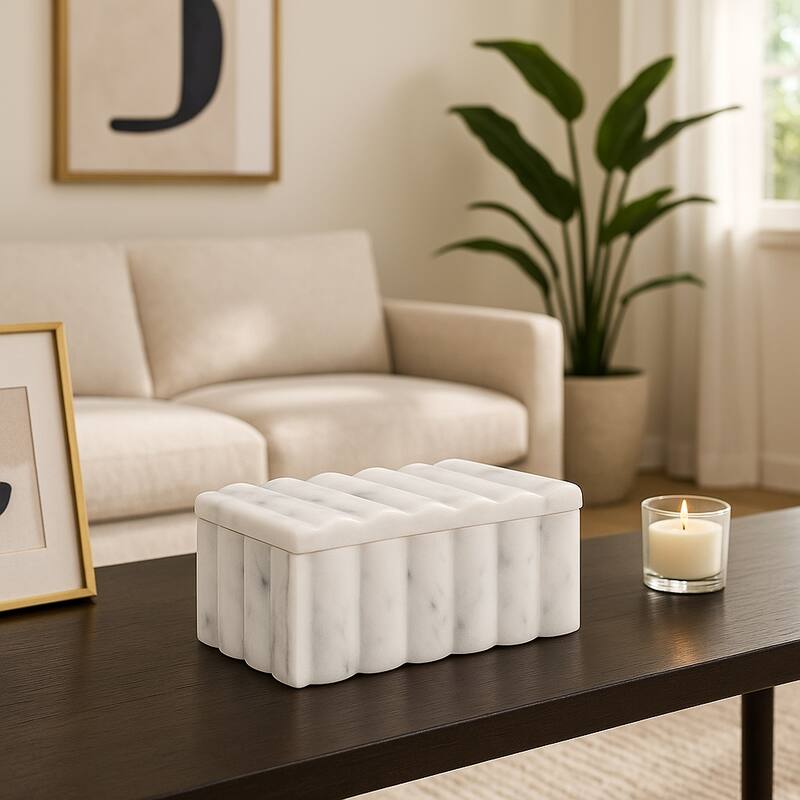 White Marble Decorative Storage Box - 7" Modern Luxury Organizer - 7" x 4" x 3"