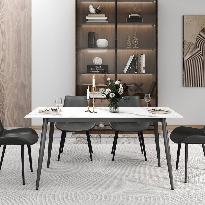 63" Rectangle Modern Sintered Stone Dining Table, Industrial Kitchen Table with Metal Legs for 6 People