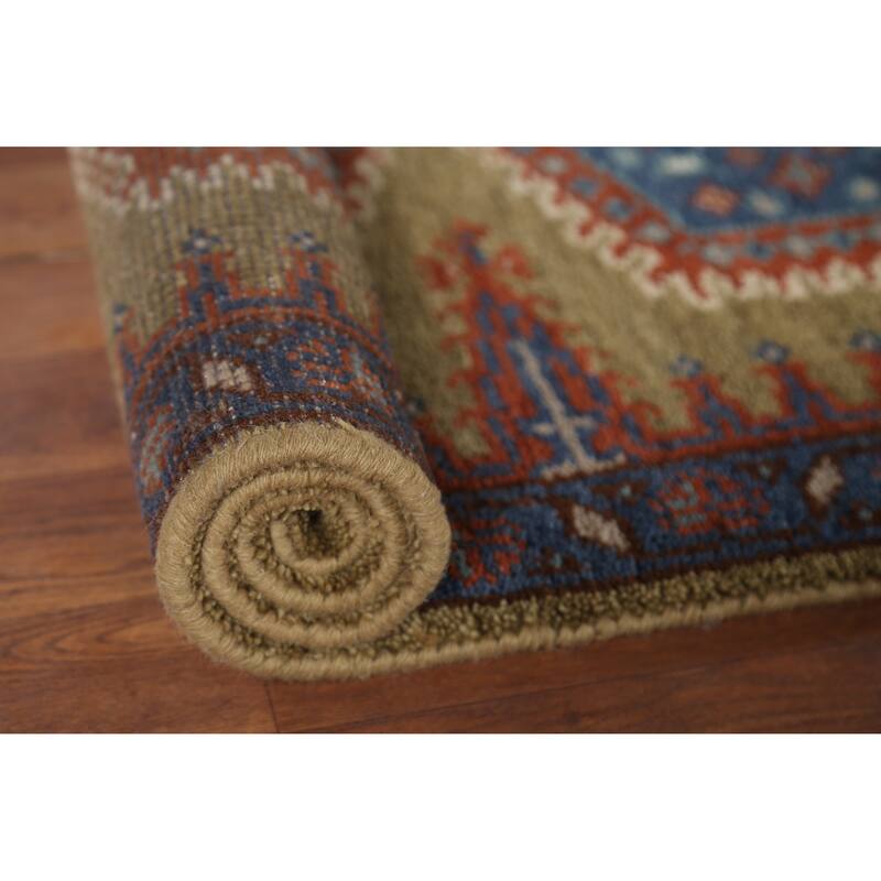 Green Geometric Viss Indian Runner Rug Hand-Knotted Wool Carpet - 2'6"x 9'7"
