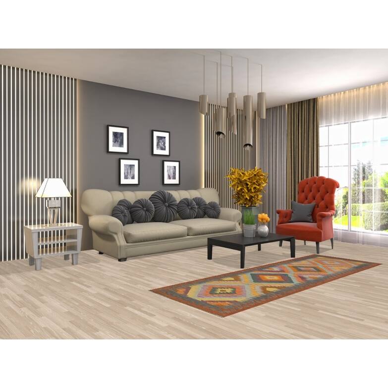 Hand Woven Oriental 100% Wool Carpet Southwestern Geometric Multi-Colored Kilim Runner Rug - 7' 6'' X 2' 5''