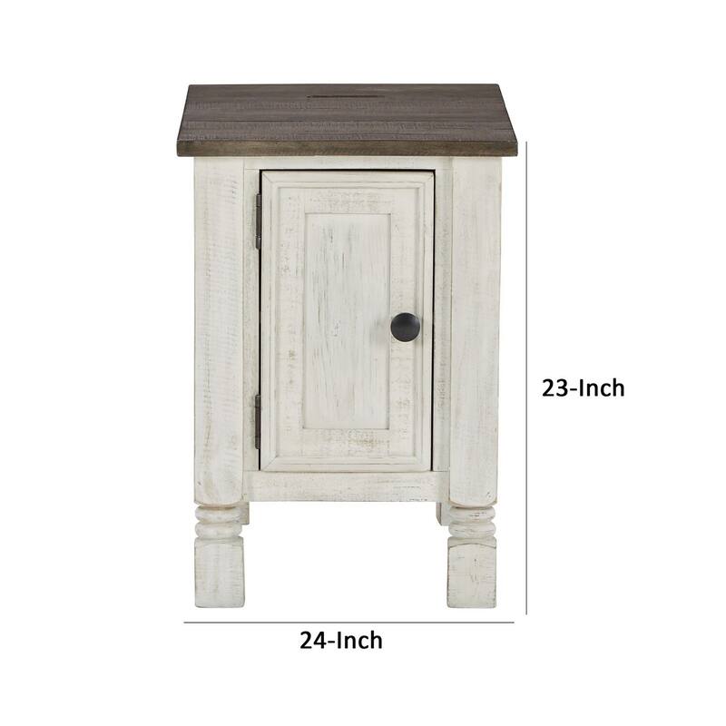 24 in. White and Brown Rectangle Wood End Table with USB Charging Ports