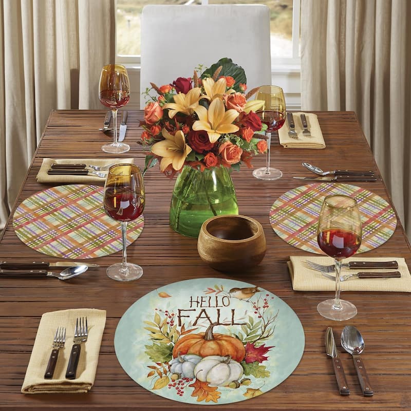 Harvest Blessings 4 Pack Round Reversible Easy Care Flexible Plastic Placemats Made in The USA Reversible Flexible, Wipes Clean