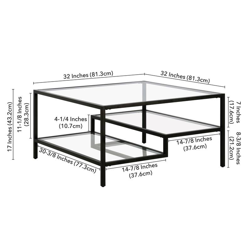 32-Inch Glass Square Coffee Table with Steel Base and Storage Shelves - 32” x 32” x 17”