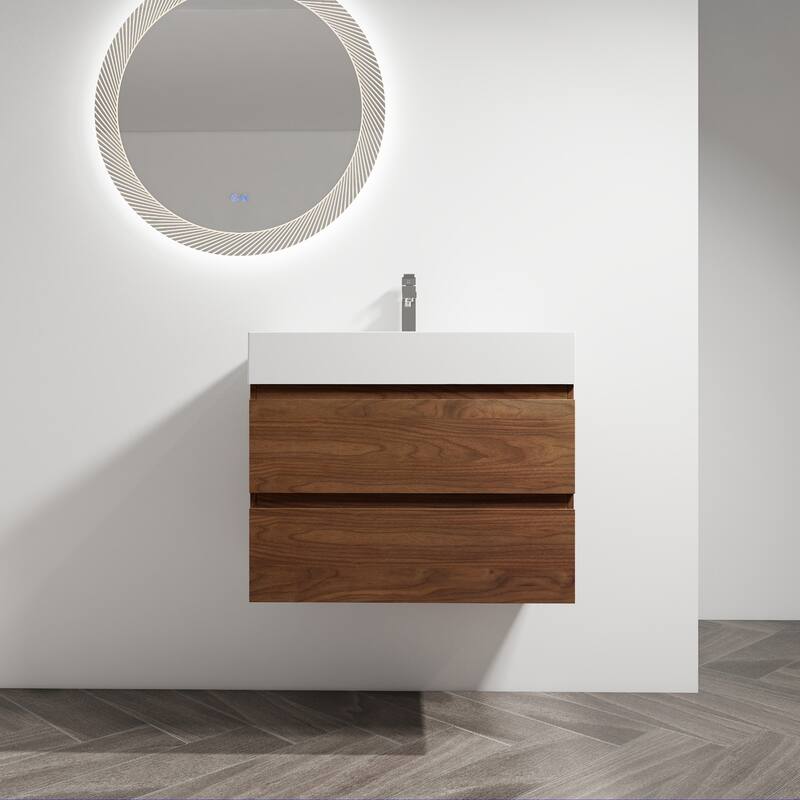 24/30/36 Single Sink Wall-Mounted Bathroom Vanity with Integrated Thick Edge Resin Sink - Brown Oak - 29.5" x 18.13" x 24.44"