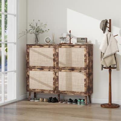 Elegant Shoe Cabinet with Double-Layer Doors,Sturdy Pine Legs and Adjustable Backplane