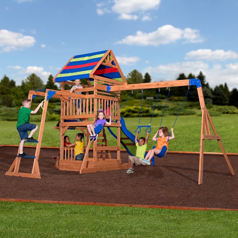 Backyard Discovery Beach Front Cedar Wood Swing Set, Slide, Play Deck - 14'1" x 14'5"