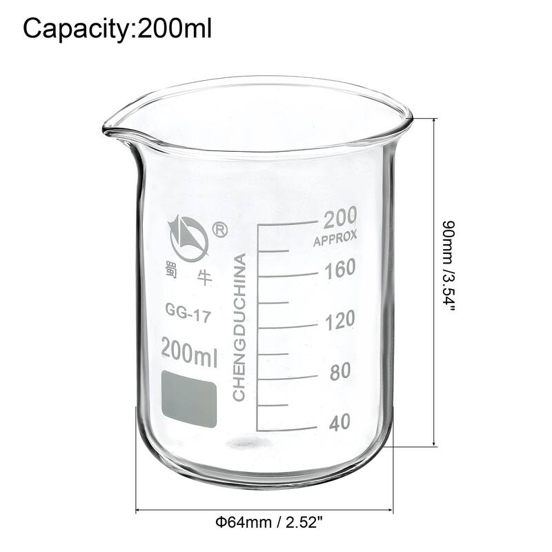 2pcs 200ml Low Form Glass Beaker 3.3 Borosilicate Lab Measuring Cups - Clear