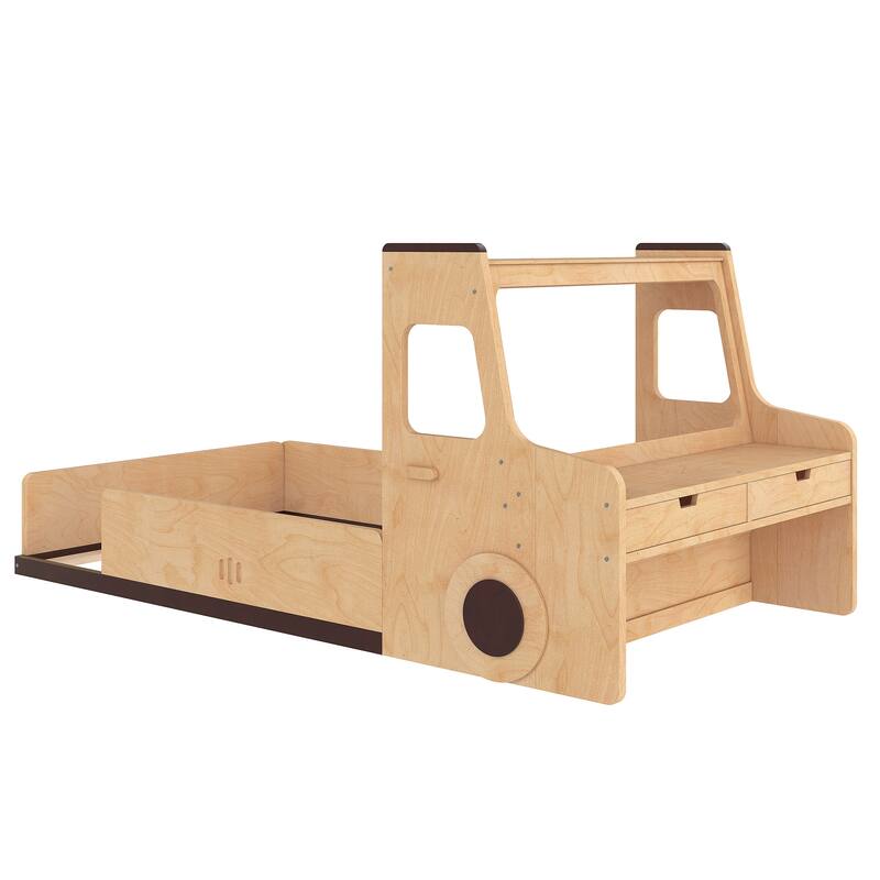 Full/Twin Kids Car Floor Bed with Storage Drawers, Window & Desk - Childlike Design