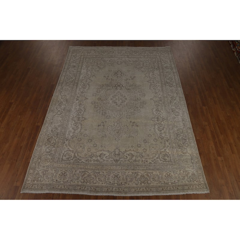 Tabriz Persian Vintage Rug Hand-Knotted Beige Oriental Wool Carpet - 8'2" x 11'2"