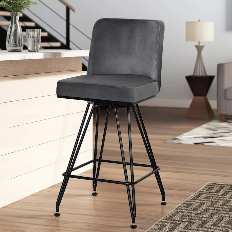 26" Leather/Velvet Swivel Counter Height Bar Stools - 38.2"H x 17.7"W x 19.1"D - Single - Velvet Grey
