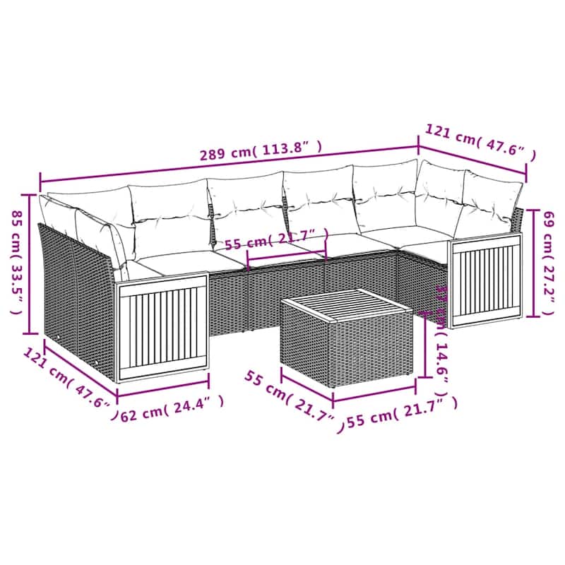 vidaXL Patio Sofa Set with Cushions Outdoor Furniture 8 Piece Poly Rattan - 21.7 x 21.7 x 14.6
