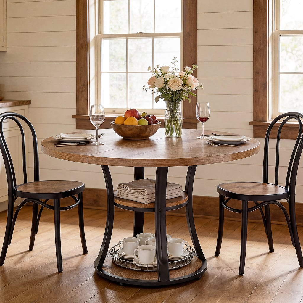 39 Inch Round Pedestal Dining Table with 2-Tier Storage Shelf - 39.37" D x 39.37" W x 29.53" H