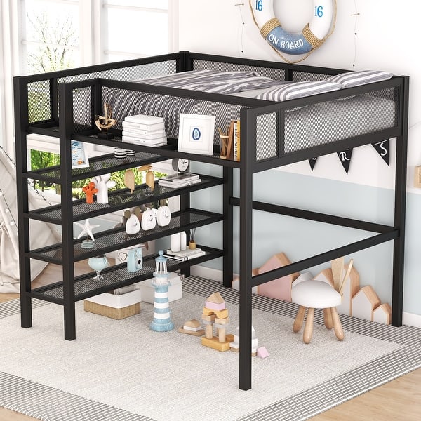slide 2 of 27, Full Size Metal Loft Bed with 4-Tier Shelves and Storage Black