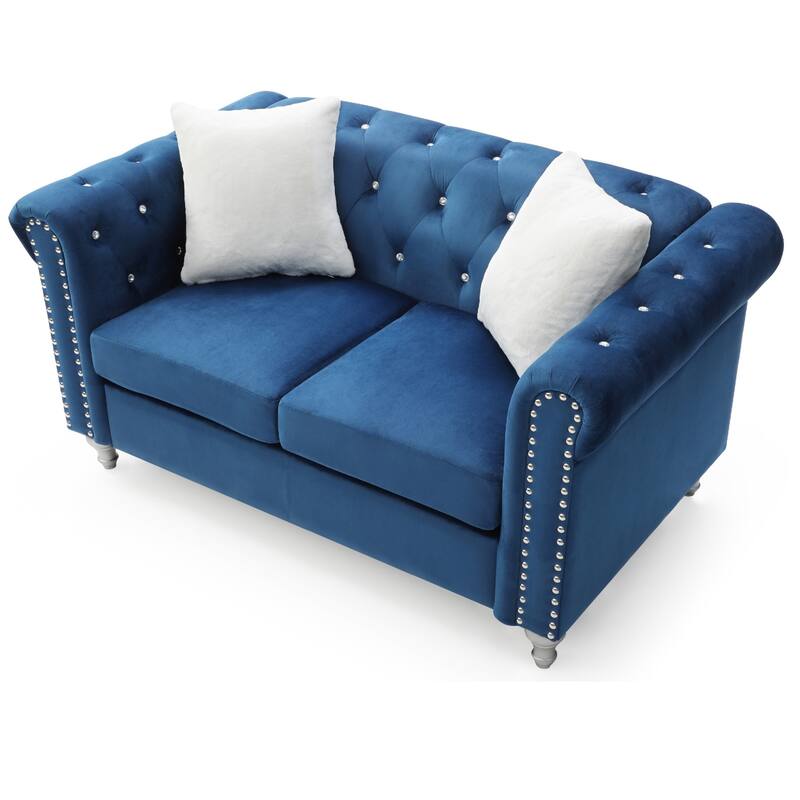 Tufted Velvet 2-Seater Sofa with Throw Pillows - 60" - Blue