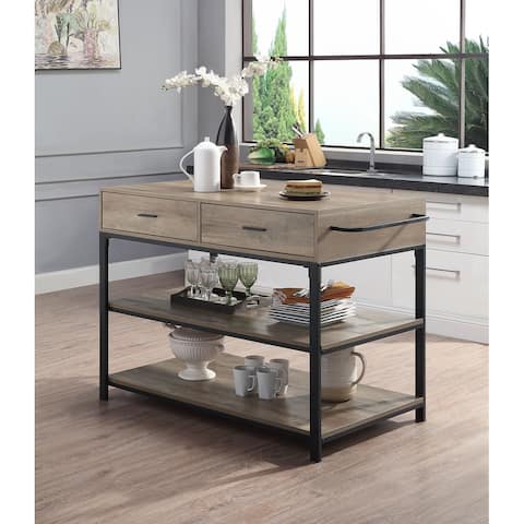 2 Tier Shelf Industrial Kitchen Island with 2 Drawers and Side Towel Rack, Metal Base Kitchen Storage Rustic Oak Black Finish