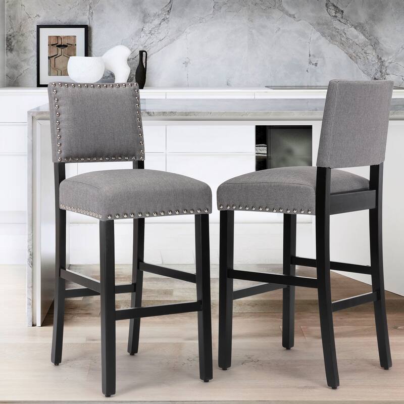 28 Inches Fabric Barstools Upholstered Bar stools Pub Chairs with Back and Silver Nailhead Trim Set of 2