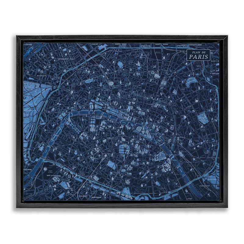 Stupell Blue Detailed Paris Map Framed Floater Canvas Wall Art Design By Phillipa Katz - 21 x 17 - Black