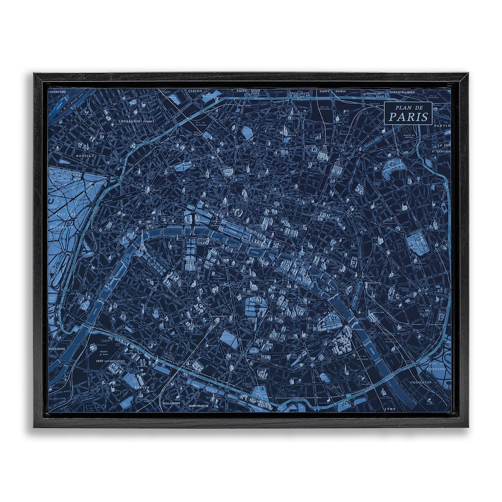 Stupell Blue Detailed Paris Map Framed Floater Canvas Wall Art Design By Phillipa Katz