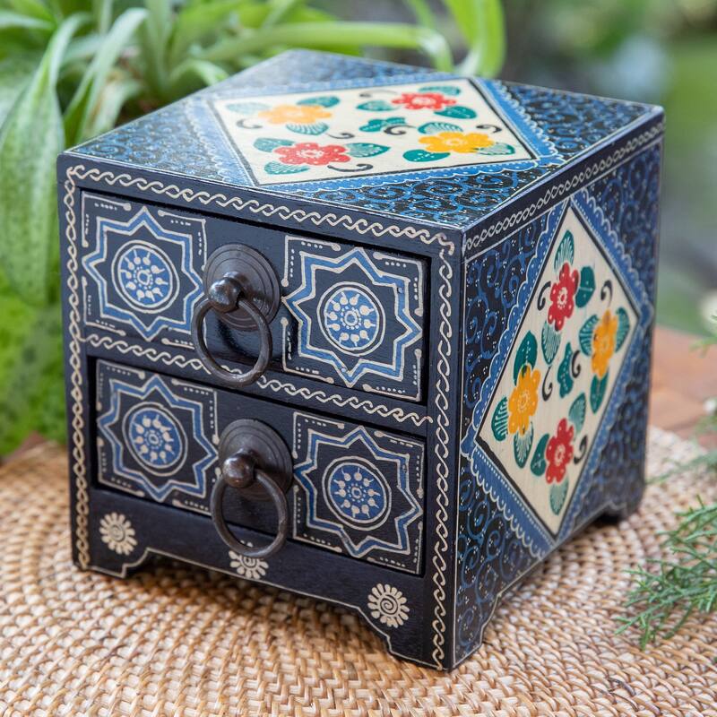 Novica Handmade Midnight Palace Batik Wood Jewelry Chest