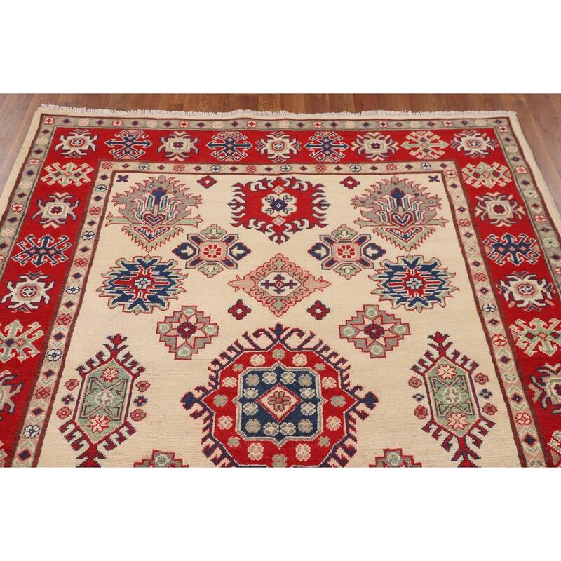 Geometric Kazak Area Rug Hand-Knotted Beige Wool Carpet - 5'2" x 6'6"