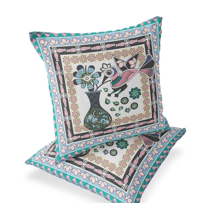HomeRoots Set of Two 16" X 16" Black and Gray Peacock Blown Seam Floral Indoor Outdoor Throw Pillow - 16.00' X '16.00' X '5.00