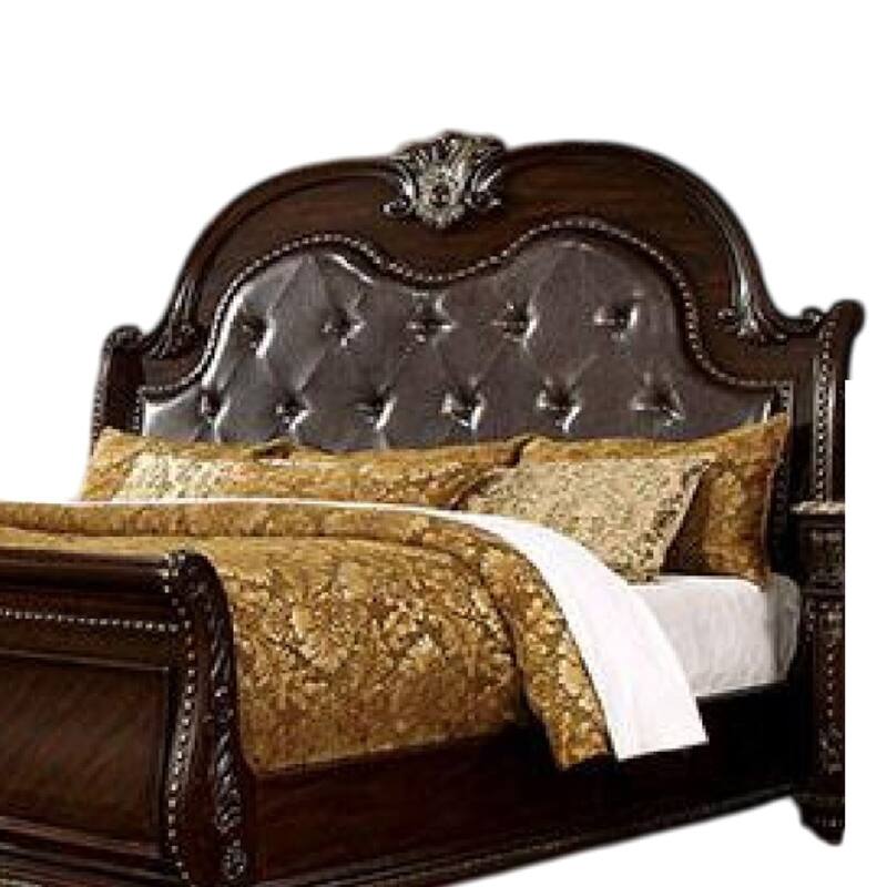 Kera Queen Bed, Brown Cherry Faux Leather Padded Upholstery