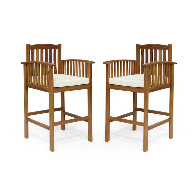 Roomfitters 2-Piece Outdoor Acacia Wood Bar Stools, Slat Back Patio High Dining Chairs with Cushions & Armrests, Beige+Natural