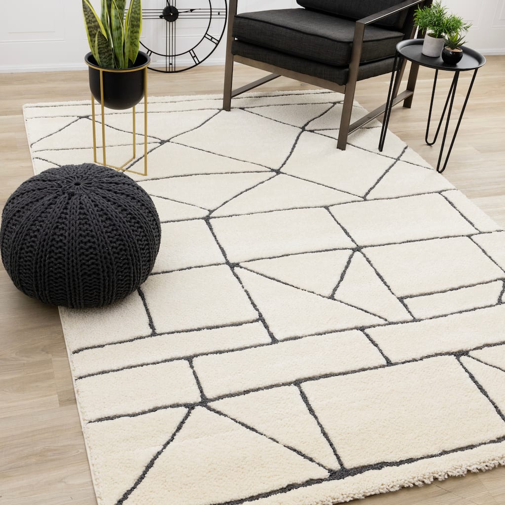 Teagan Collection - Cream Black Geometric Lattice Area Rug