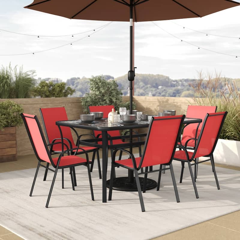 7 Piece Patio Dining Table and Chairs Set with Glass Table and 6 Chairs - Red