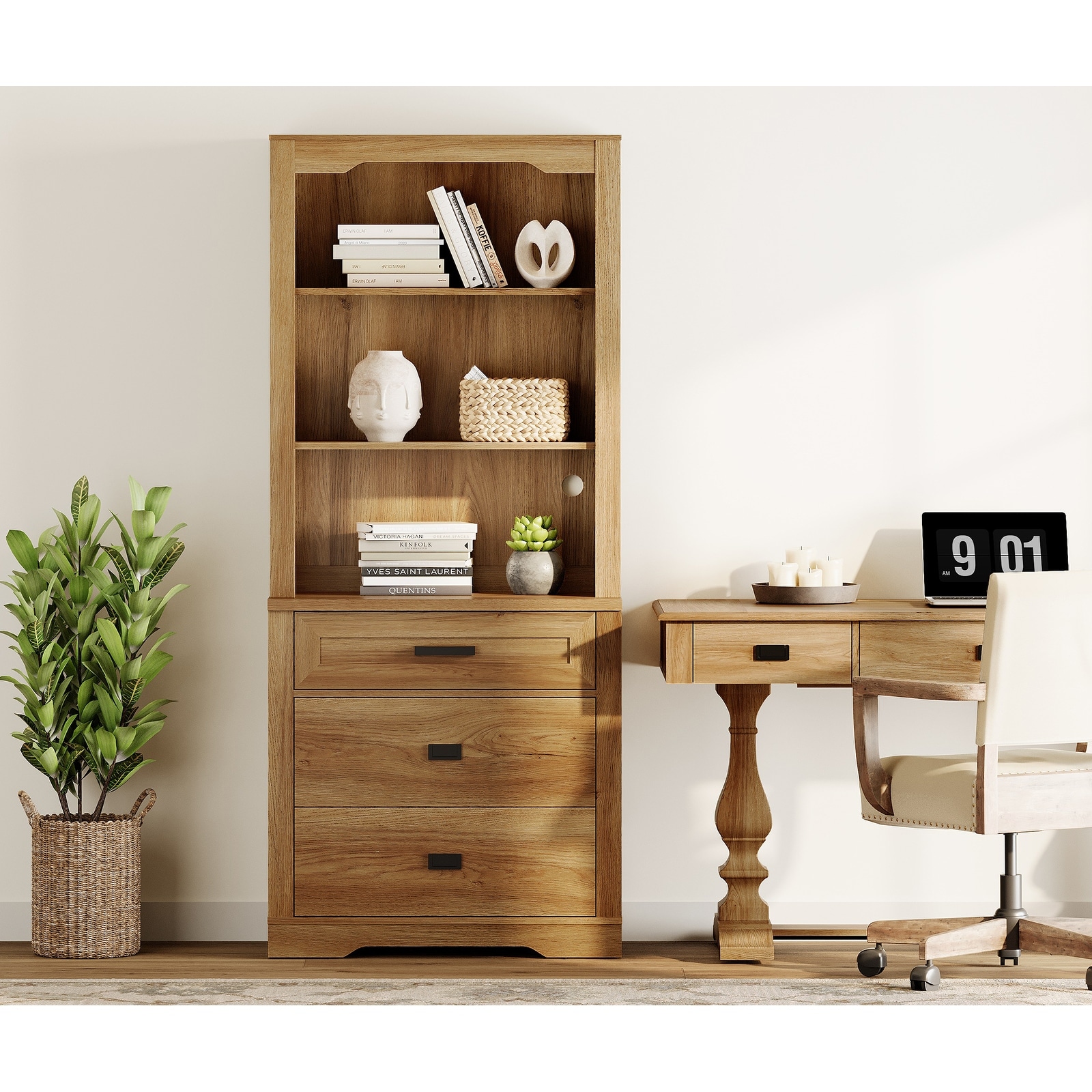 3 Tier Bookcase with Drawer,73.3" Tall Floor Standing Bookshelf