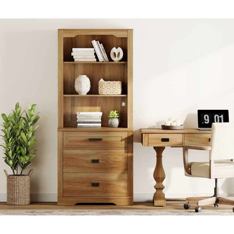 3 Tier Bookcase with Drawer,73.3" Tall Floor Standing Bookshelf - 31.5" - Vintage Oak