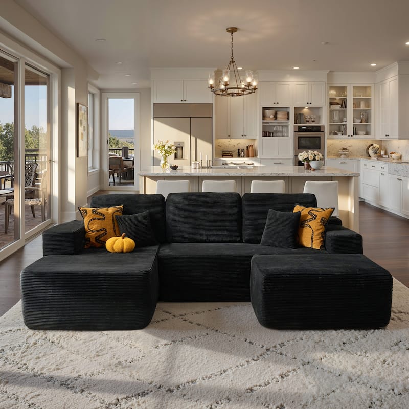 ​​OVIOS Lazy Chaise Lounge Sofa with Ottoman​ - LeftCorduroy​-Black