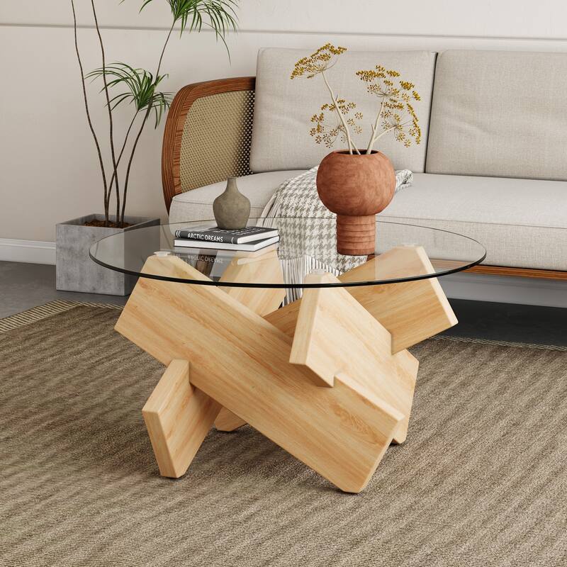 33.4" Modern Round Coffee Table with Clear Tempered Glass Top and MDF Legs for Living Room