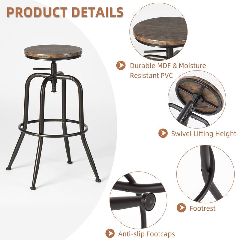 Homy Casa Set of 2 Adjustable Height Industrial Bar Stools with Swivel Wood Seat-Ideal for Kitchen Islands and Home Bars - N/A