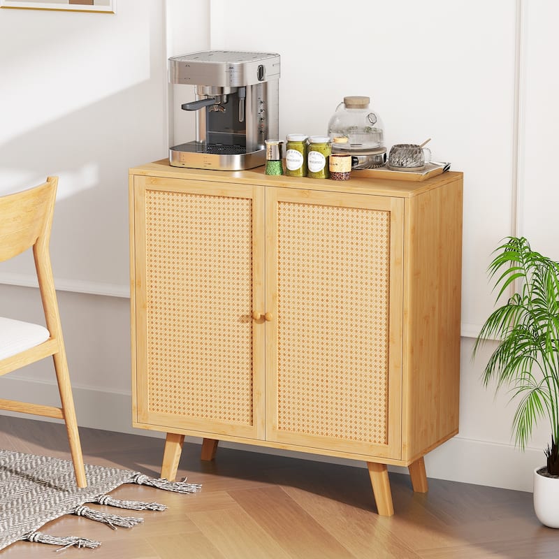 Natural Wicker Buffet Storage Cabinet with Rattan Doors, 2-Door Buffet and Non-Slip Pads - 31.5" L x 13.5" W x 33.5" H
