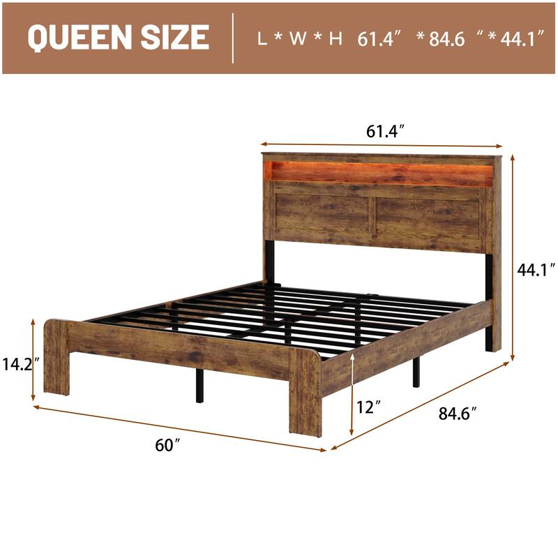 Queen Size Wood Platform Bed Frame with Storage Headboard, USB Ports, LED Lights and Underbed Space - Dark Brown