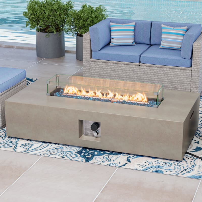 COSIEST Outdoor Patio Propane Rectangular Fire Pit Table w/ Wind Guard - Grey