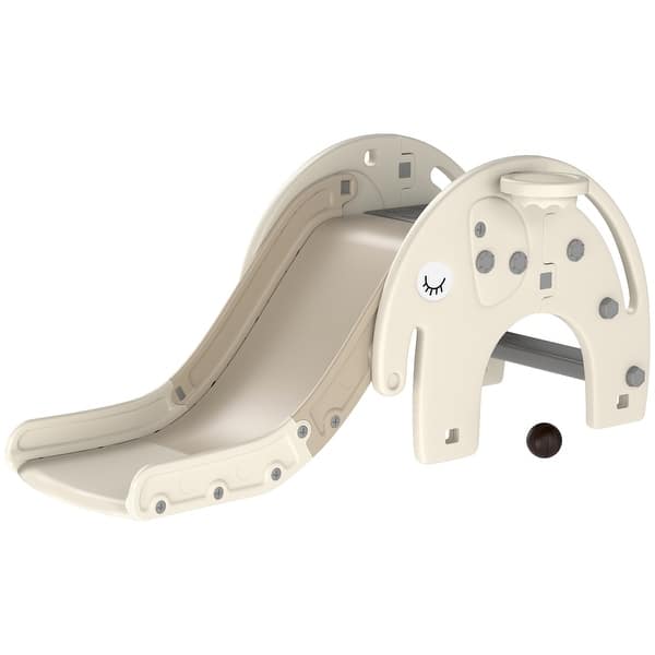 slide 2 of 8, 3 in 1 Toddler Slide for Years 1-3, Kids Slide with Climber, Basketball Hoop, Elephant-Shaped Indoor Slide, Cream White Cream White