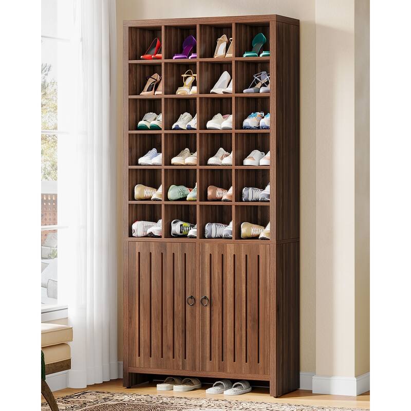 70.9" Tall Shoe Storage Cabinet with Doors and 24 Cubbies - Walnut