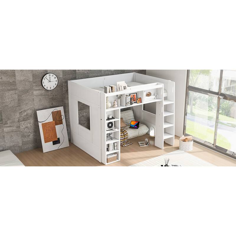 Roomfitters Queen Size Loft Bed with Storage Cabinets and Bookshelves