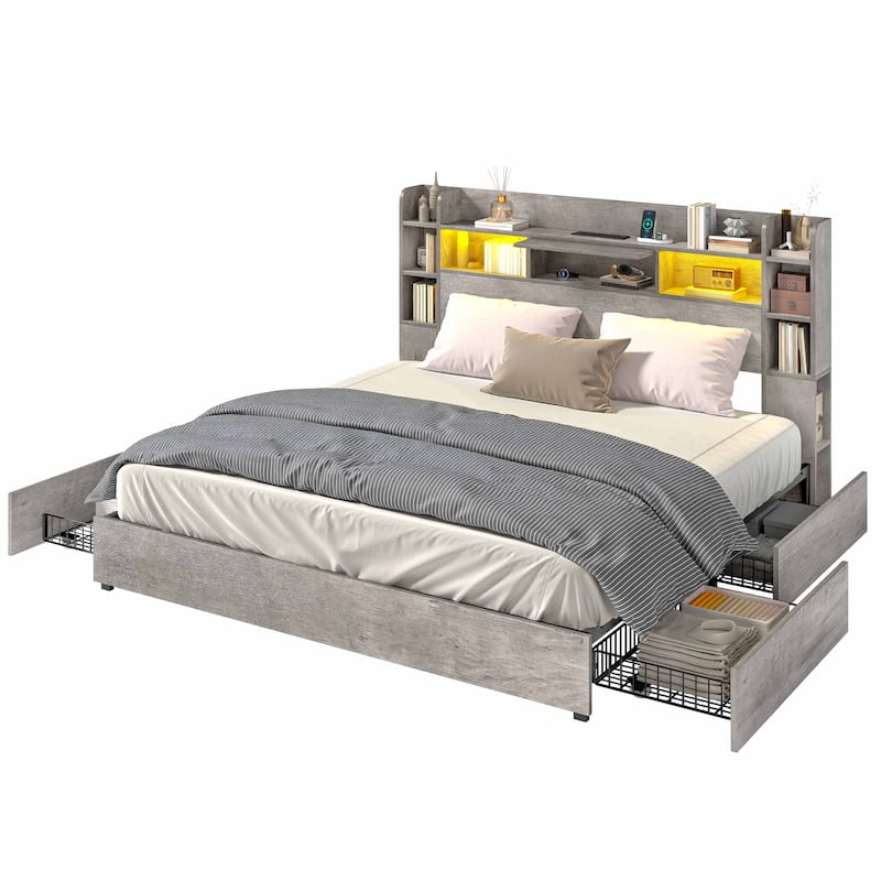 Moasis Queen/King Size Bed Frame with Bookcase Headboard and 4 Storage Drawers
