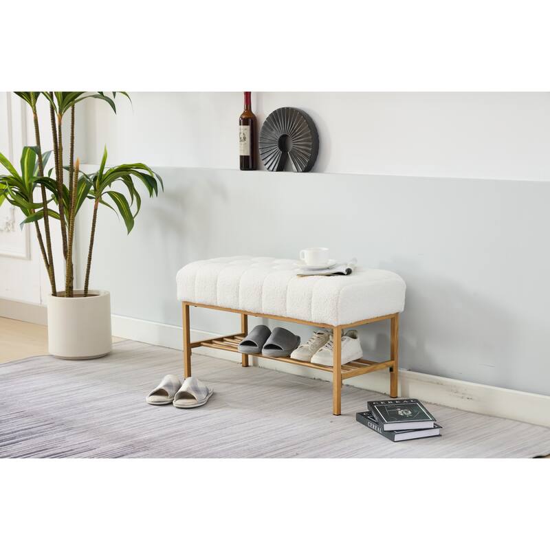 End of Bed Bench with Shelf, Retro leather Upholstered Storage Shoe Bench