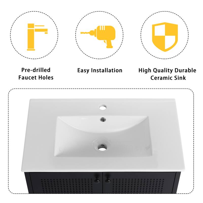 30-Inch Modern Freestanding Bathroom Vanity with Ceramic Sink, Cold-Rolled Steel Frame, Adjustable Shelves - 30in L Steel