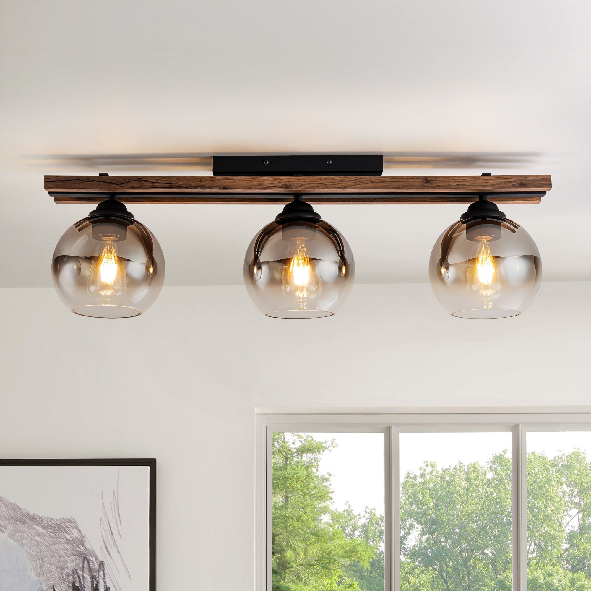 Rennnsan 3-Light Industrial Wood & Metal Flush Mount Ceiling Light with Gradient Smoke Glass Shades- Fixture for Dining Room